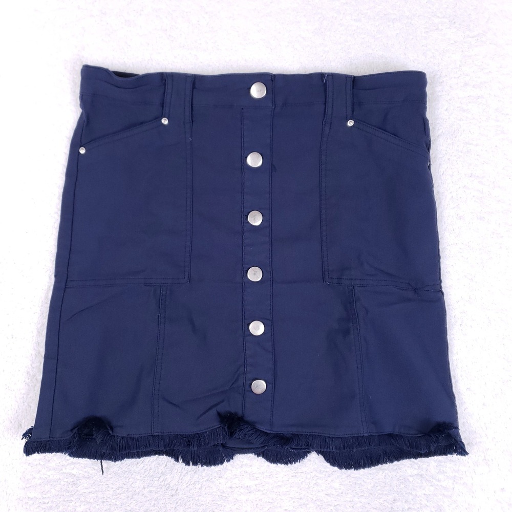 Attyre New York Skirt Sz 8 Button Down Stretch Raw Fringed Hem Navy Blue Coastal